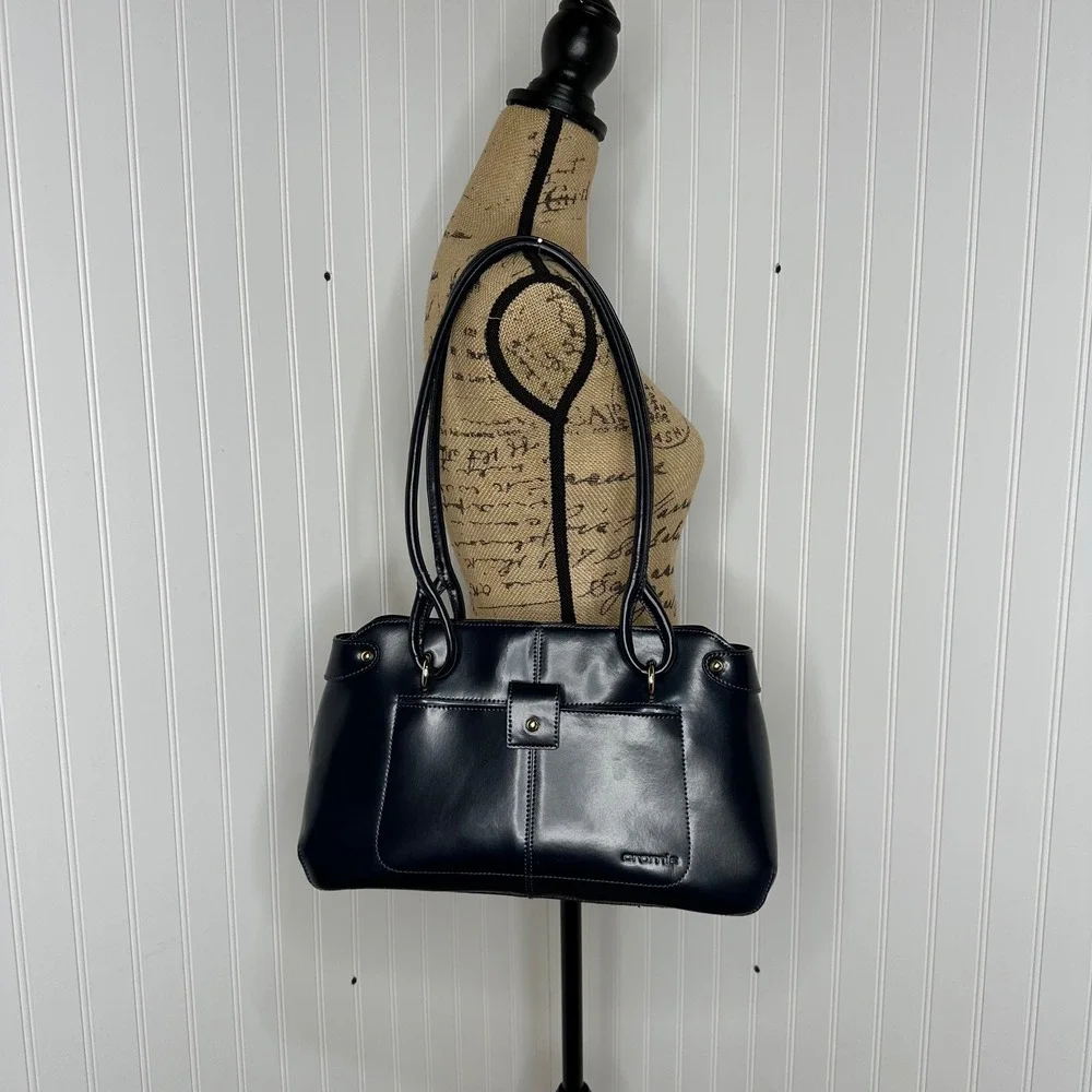 Cromia Navy Blue Leather Shoulder Bag Made in Italy Gold Tone Hardware READ